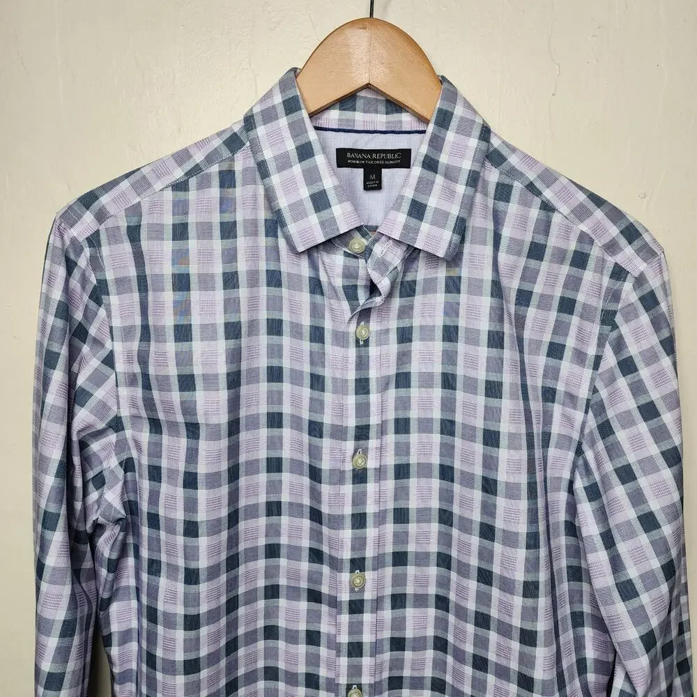 Banana Republic Non Iron Tailored Slim Fit Purple Gray Plaid Shirt Size Medium